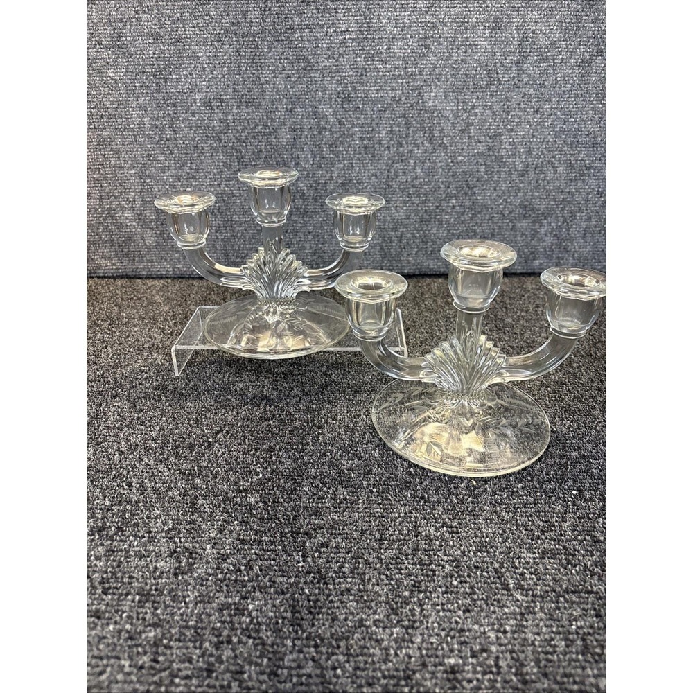 2~Vtg~Indiana Glass~Shell & Arch~3-Light Candlestick Holder